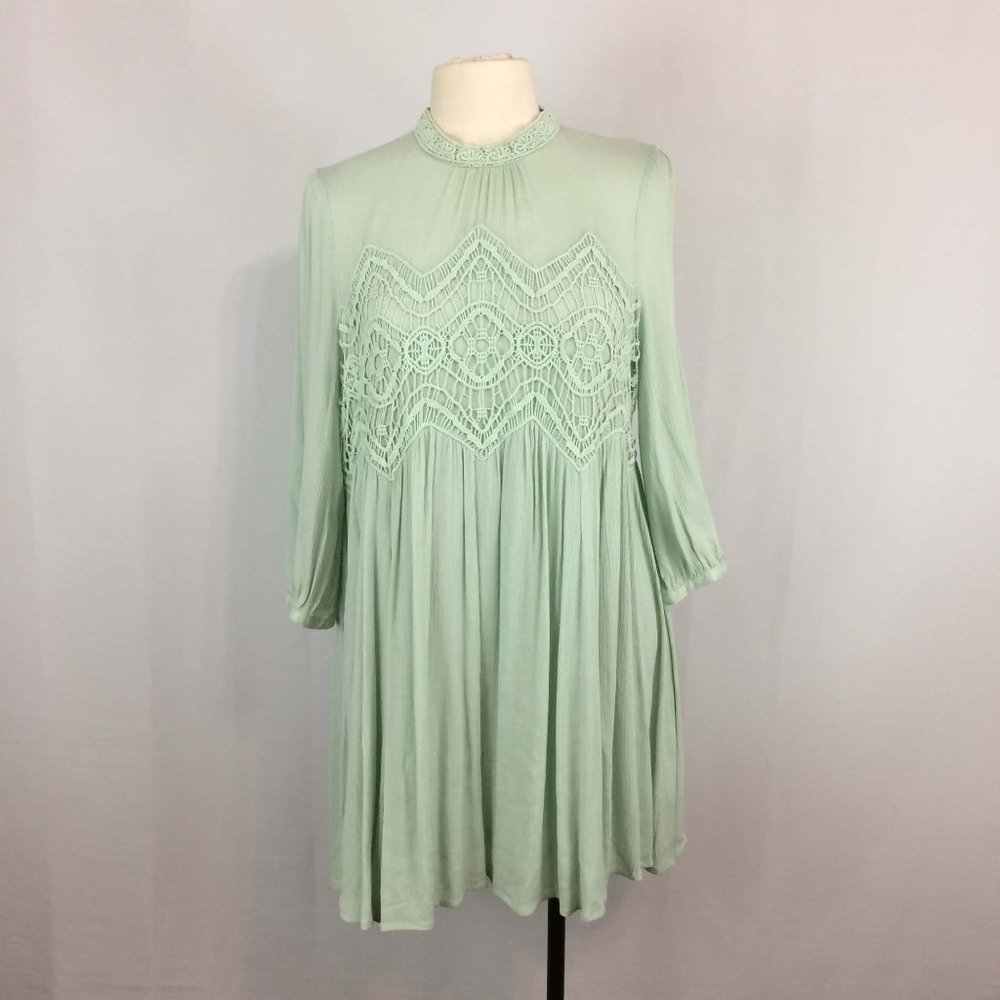 Entro Green Boho Babydoll Dress, Crochet Lace‎ Med